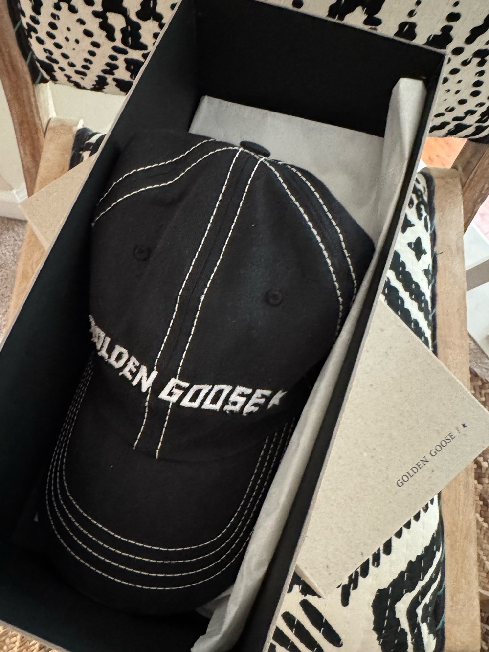 NWT Golden Goose Contrast Stitch Logo Baseball Hat Black Distressed Cap Unisex